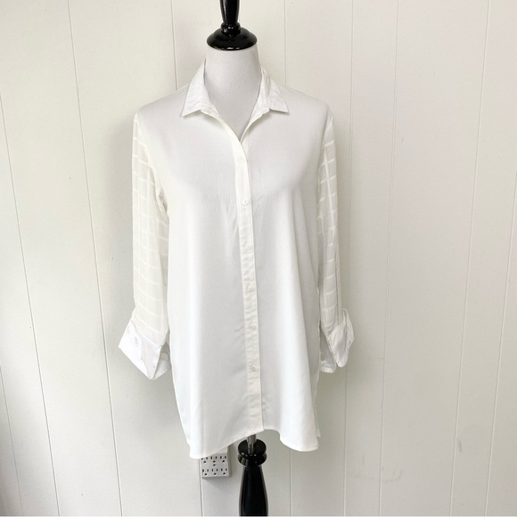 Desigual White Windowpane Ruffle Hem Side Cutout Tunic Top Semi Sheer Sz S - Picture 2 of 16